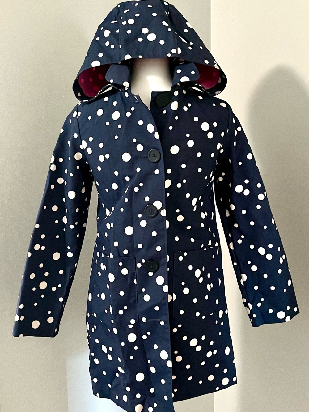 Gap Kids (Size 10, Large) Navy Polka Dot Raincoat with Hood